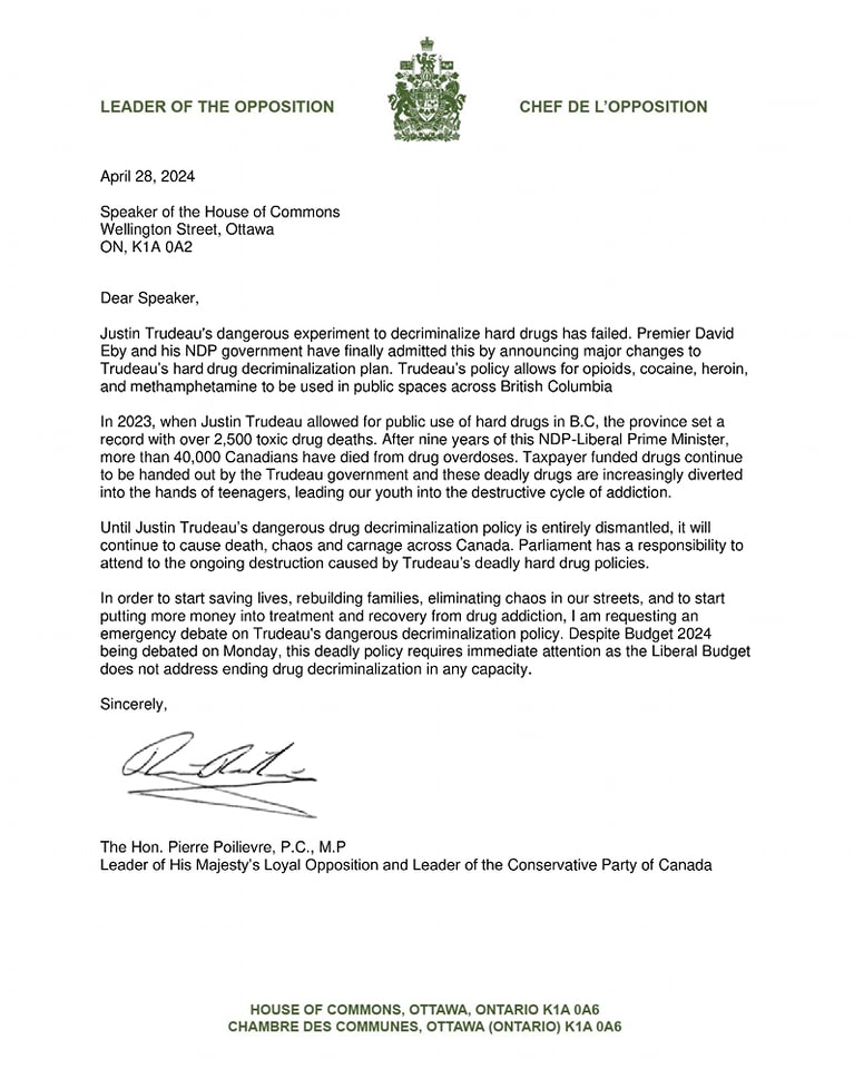 Conservative Leader Poilievre letter to Speaker Greg Fergus